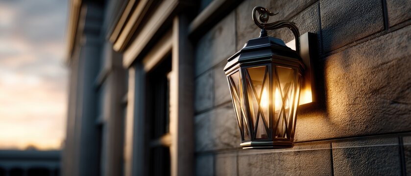 Wall-mounted lantern glowing at dusk on a stylish brick building exterior.