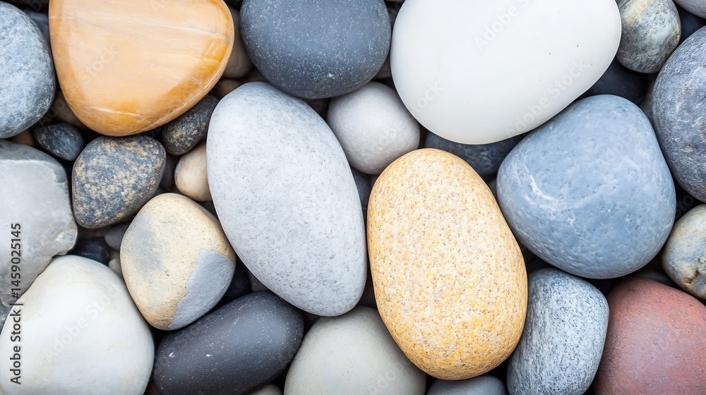 Poster close-up view of smooth, colorful pebbles, showcasing variations in grey, beige, and white tones. th