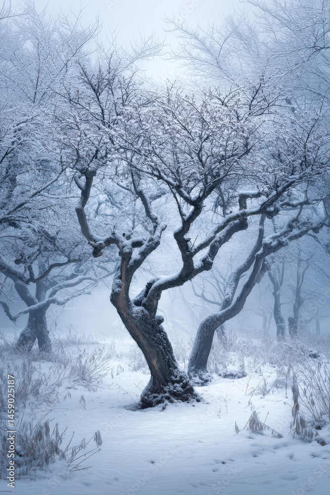 Poster Snow-covered trees in a misty winter forest, showcasing the intricate branches and textures of the bark, creating a serene and magical atmosphere.
