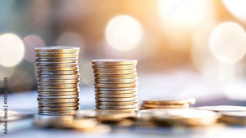 Aufkleber two stacks of gold coins stand tall against a blurred background of warm light, symbolizing financia