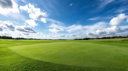 Fototapeta premium Serene golf course landscape under a vibrant summer sky, featuring lush green fairways and a picturesque horizon. : Generative AI