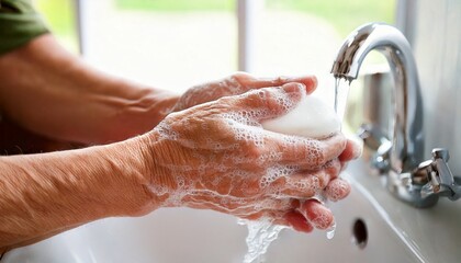 Fototapeta premium Elderly washing Hands at a Sink - Pandemic Bacteria, Disease, Sickness Prevention - Wash Hands with Anti Bacterial Soap and Sanitzer Gel - Personal Hygiene - Soapy Hands