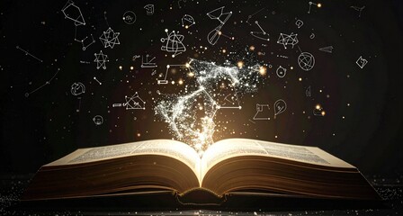 An open book emitting light, surrounded by floating scientific symbols