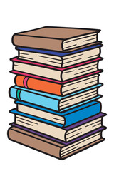 The vector doodle style illustration features a tall stack of books arranged neatly against a clean, minimalistic white background for modern appeal.

