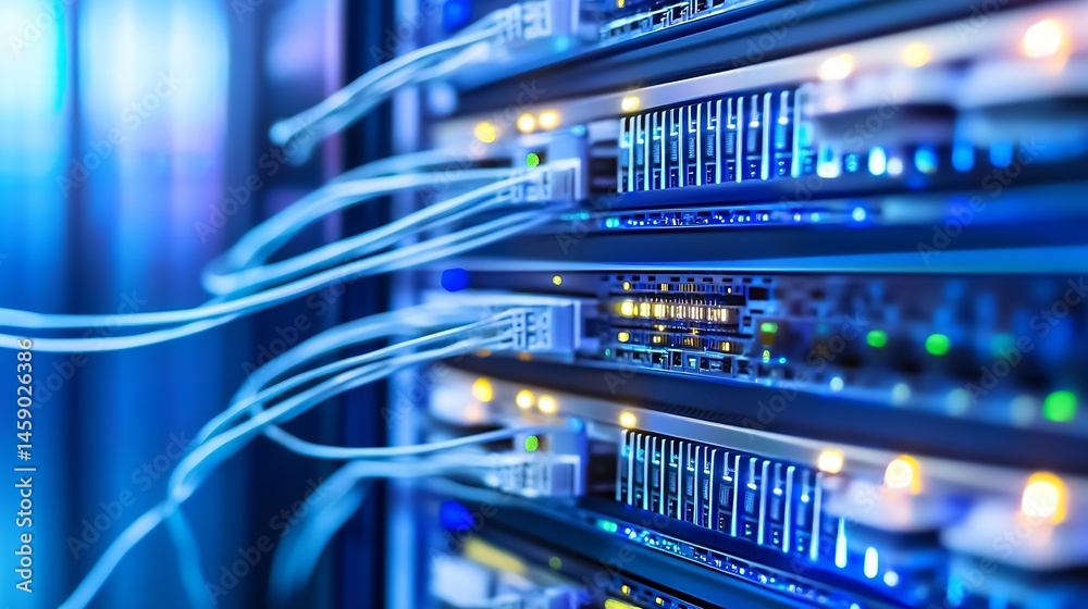 Aufkleber Close-up view of a server rack with fiber optic cables, showcasing illuminated network hardware and data connections in a modern data center. : Generative AI