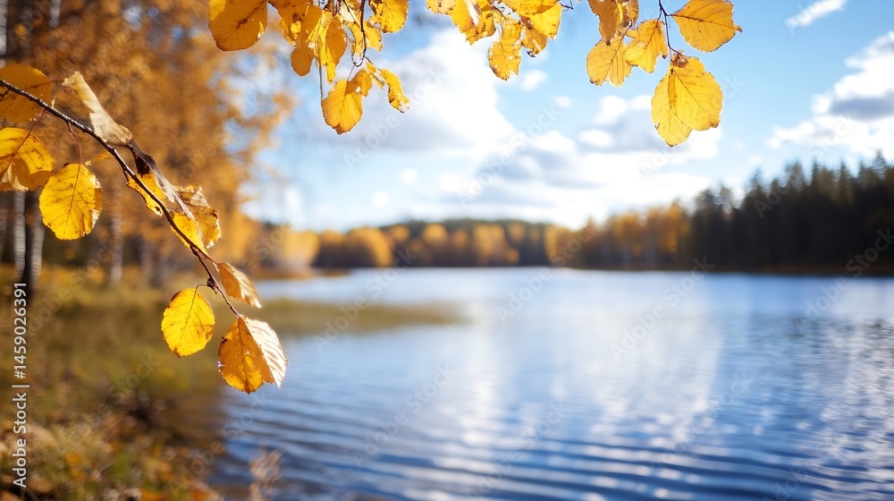 Poster golden autumn leaves on a branch frame a tranquil lake scene, bathed in sunlight against a backdrop 