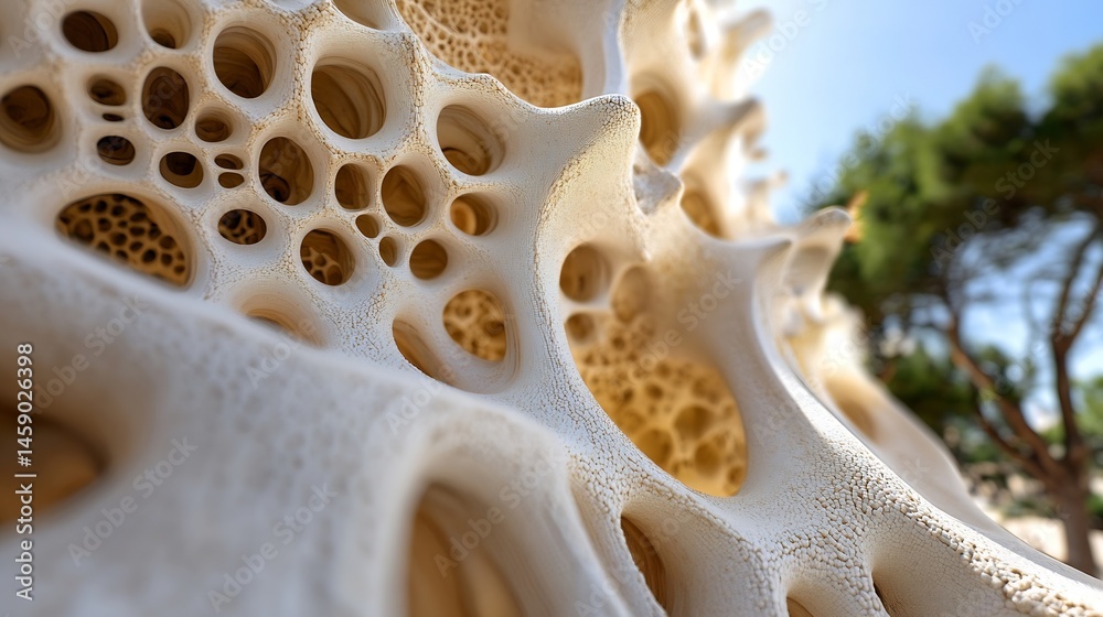 Poster close-up view of a porous, off-white organic structure resembling bone or coral, exhibiting intricat