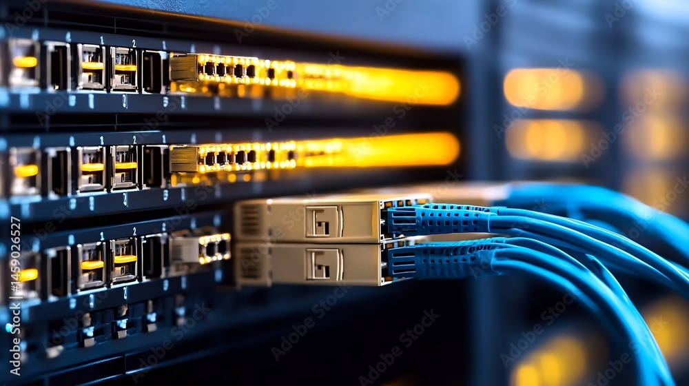 Aufkleber close-up view of fiber optic cables connected to a network switch, showcasing illuminated ports and 