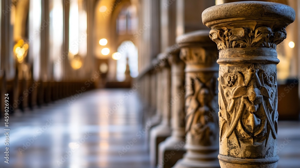 Fototapete intricate stone carvings adorn a row of columns inside a grand cathedral, bathed in warm, ambient li