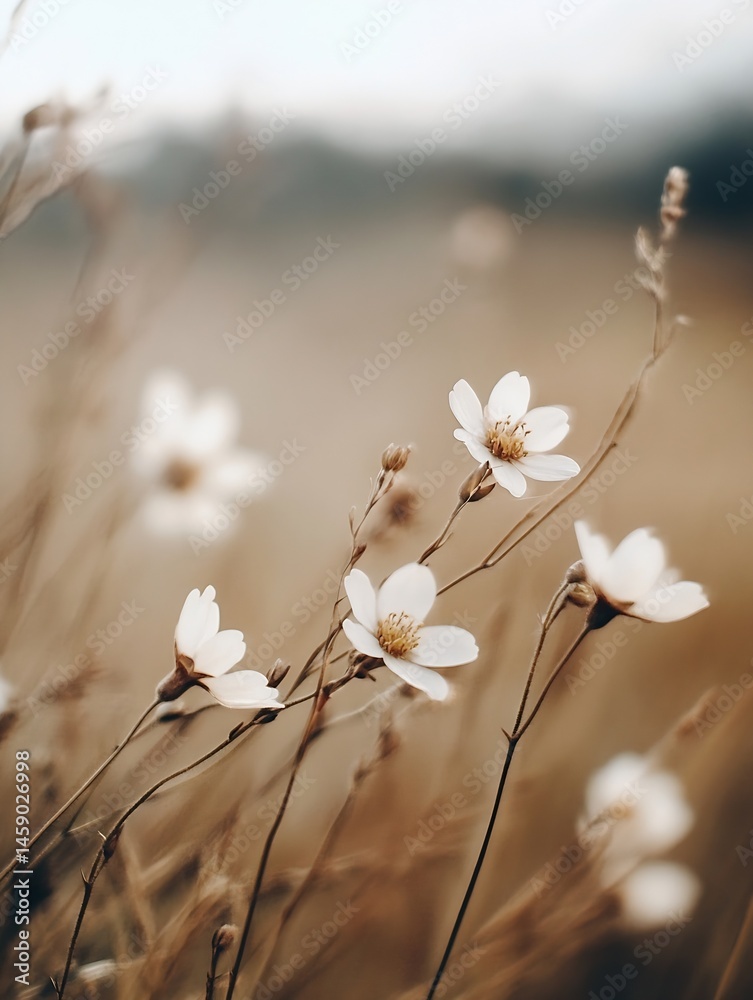 Aufkleber delicate white wildflowers sway gently in a field of muted brown grasses under a soft, hazy sky, cre