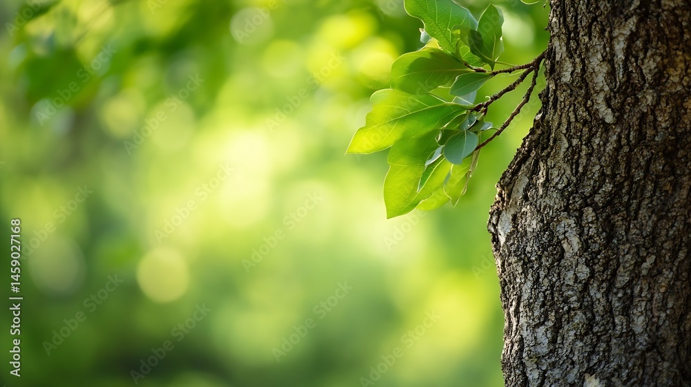 Poster vibrant green leaves extending from a tree trunk against a softly blurred natural background, showca