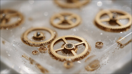 Intricate Mechanical Watch Gears Suspended in Transparent Material with Steampunk Aesthetic and Vintage Charm