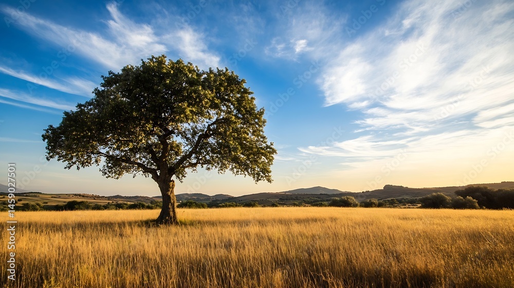 Poster solitary oak tree stands in golden field under a vibrant blue sky with wispy clouds, creating a sere