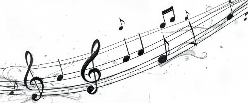 Schwungvolle Notenlinien mit stilisierten Noten auf hellem Hintergrund &ndash; elegant und perfekt f&uuml;r kreative Musikdesigns.