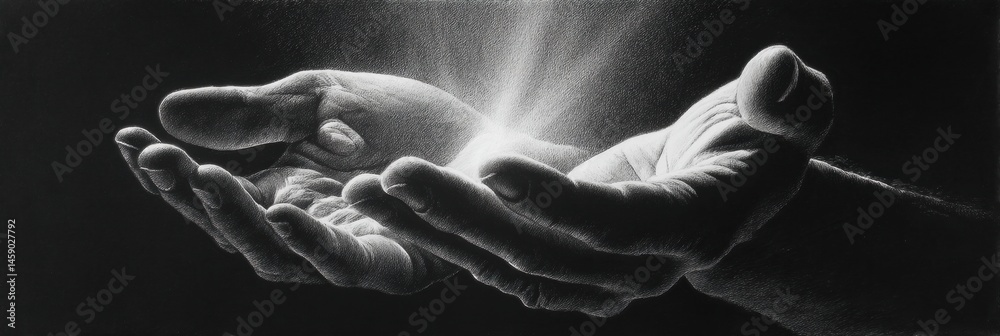 Aufkleber open hands gracefully catching light in a stunning chiaroscuro pencil drawing showcasing depth and c