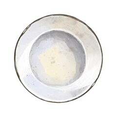 Flat white enamel plate with black rim, rustic farmhouse kitchen style, vintage tableware for serving food, minimalist dish for decor or culinary use, watercolor clipart isolated on white background