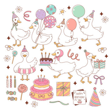 Birthday Party with Silly Goose and Trendy Goose Doodle Cartoon Style Hand Drawn Elements Vector