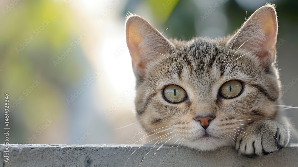 Poster close-up portrait of a curious tabby kitten resting its paws on a gray wall, gazing intently with br