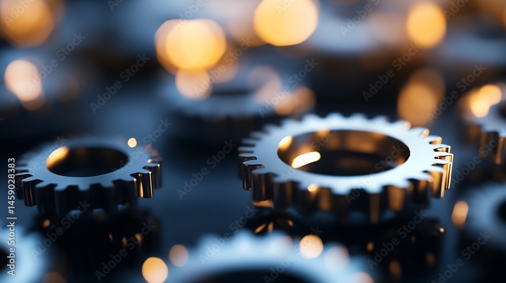 Poster close-up of metallic gears, reflecting light, showcasing intricate details and mechanical precision.