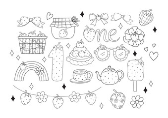 Strawberry set with Strawberry Ribbon bows, Rainbow, Garland, Jam Bottle, Cake, Number, Tea Cup, Sunglasses, Flowers Doodle Cartoon Style Hand Drawn Elements Coloring Page Vector