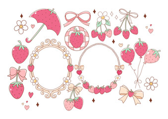 Strawberry set with Strawberry Umbrella, Ribbon Bows, Balloons and Vintage Frame Doodle Cartoon Style Hand Drawn Elements Vector