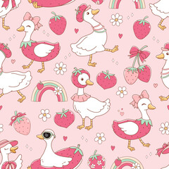 Strawberry Silly Goose Seamless Pattern Isolated on Pink Background Vector