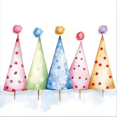 Obraz premium Colorful party hats arranged in a row, featuring playful patterns, vibrant designs, and cheerful decorations for celebrations