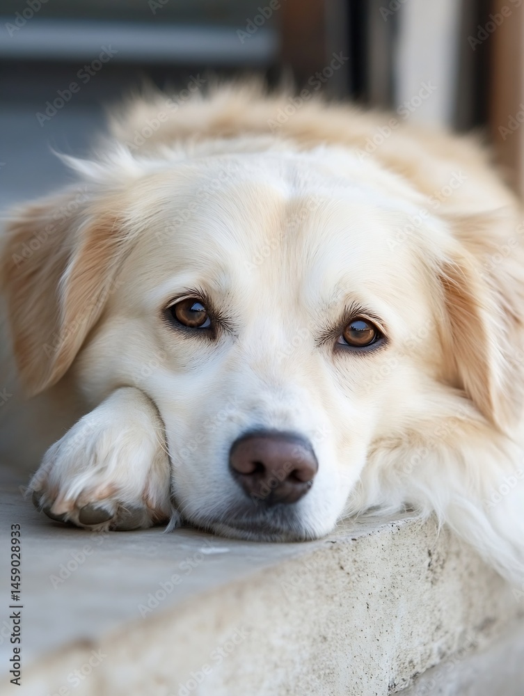 Poster Close-up portrait of a cream-colored dog resting its head on a stone surface, showing its calm and gentle expression with soft fur and expressive brown eyes. : Generative AI