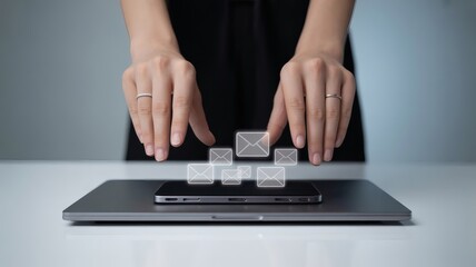 Hands hover over a phone with email icons appearing above, placed on a laptop. 