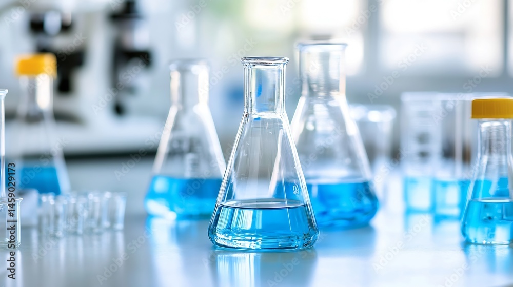 Poster Close-up view of laboratory glassware filled with a vibrant blue liquid, showcasing erlenmeyer flasks and beakers on a clean lab bench. : Generative AI