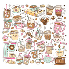 Groovy Coffee Lover, Barista Coffee Shop Supplies Doodle Cartoon Style Hand Drawn Elements Vector