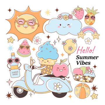 Groovy Summer Vibes, Retro Vacation Doodle Cartoon Style Hand Drawn Elements Vector