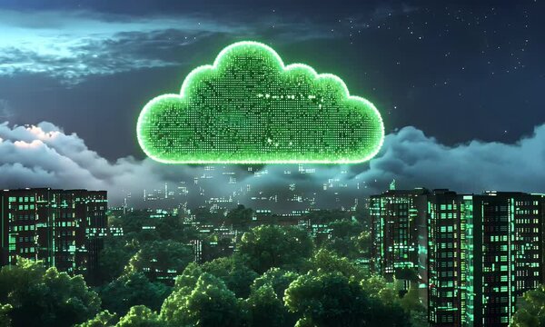 A green cloud icon floating above rows of black data center wires and hard drives, surrounded by small glowing digital clouds.
