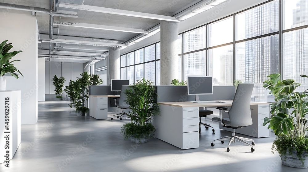 Aufkleber modern minimalist office interior design showcasing spacious workspace with large windows offering c