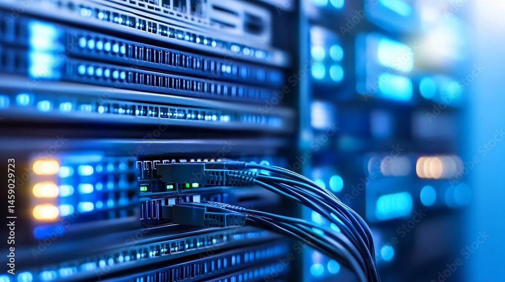 Poster close-up of fiber optic cables connected to a server rack, glowing blue lights illuminate the networ