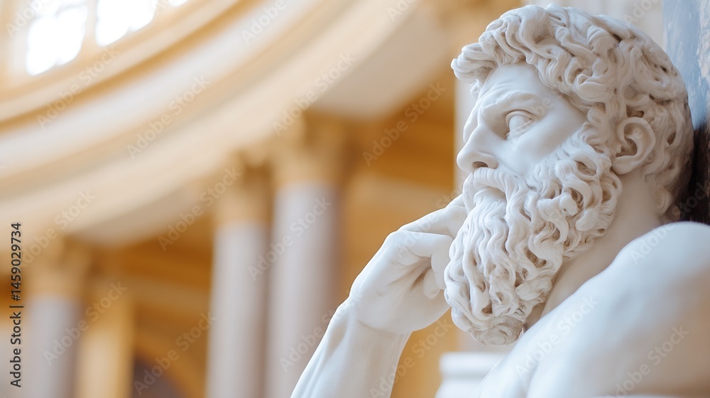 Poster close-up of a pensive marble statue, a classical figure with a beard and curly hair, thoughtfully to