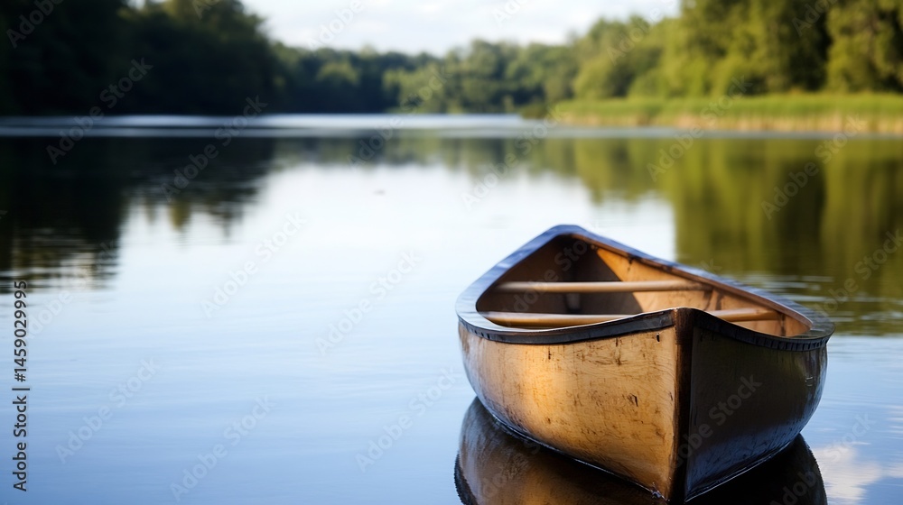 Poster a wooden canoe rests serenely on a calm lake, surrounded by lush green trees reflecting in the still