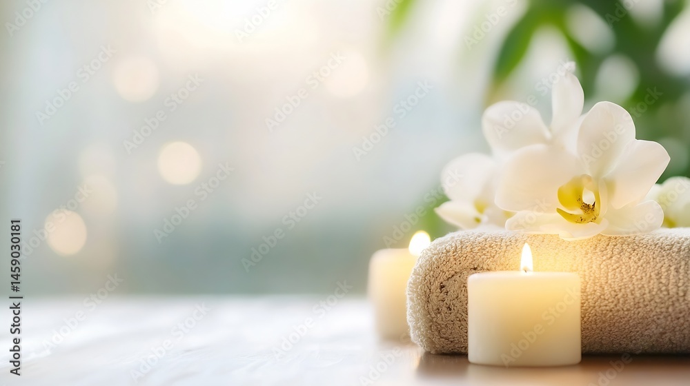 Poster serene spa setting with beige towel, white orchids, and softly lit candles, creating a peaceful and 