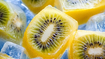 Closeup of Frozen Yellow Kiwi Slices in Ice