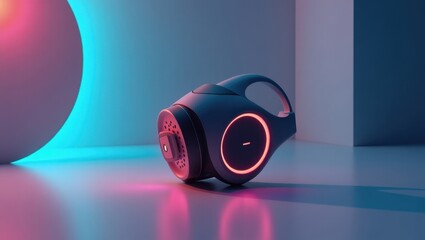 Futuristic speaker. Futuristic black and red smart speaker glowing with neon lights placed on reflective surface modern technology concept perfect for tech blogs presentations ambient background blue