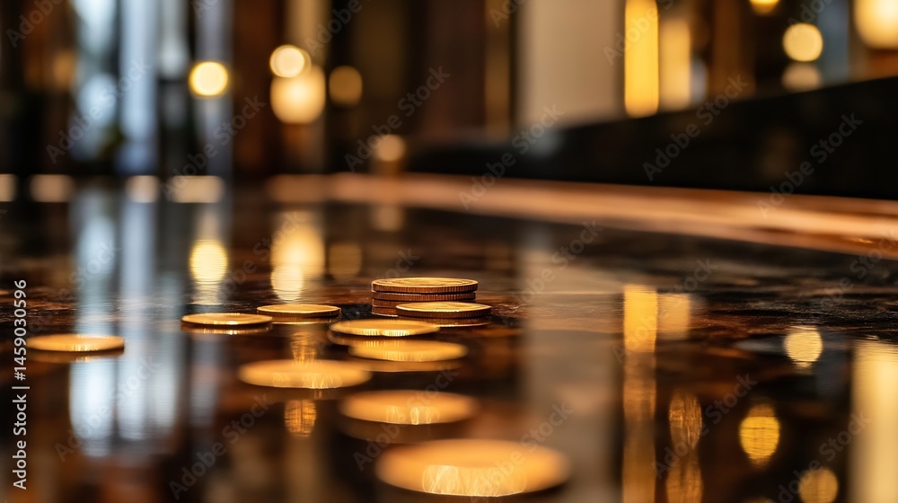 Aufkleber Close-up of euro coins scattered on a reflective surface, blurred bokeh lights in the background suggesting a luxurious interior setting. : Generative AI