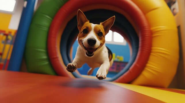 dog participating in a training session focused on agility skills, running through tunnels, jumping through hoops, and completing an obstacle course