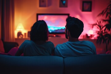 Naklejka premium Couple watching TV on sofa at night, close-up back view
