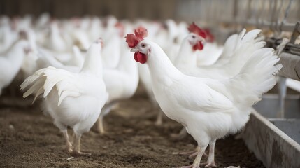 White chickens standing closely together in a commercial indoor poultry farm environment, symbolizing intensive livestock production and raising concerns about avian flu transmission risk