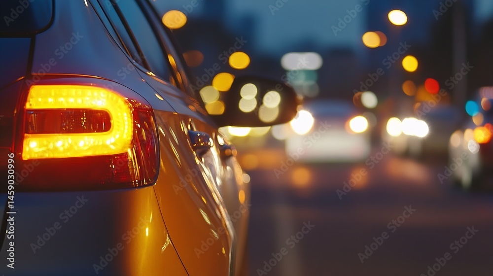 Leinwandbilder close-up view of a silver car's taillight illuminated at dusk, with blurred city lights and traffic 