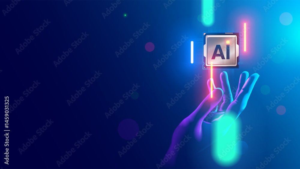 Aufkleber AI electronic chip or CPU. Processor with cores over above the engineer hand. A modern microchip with a 3nm process technology. Futuristic computer chip for neural networks. Developments hardware.