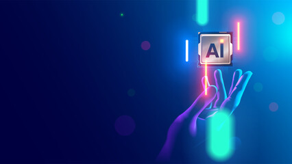 AI electronic chip or CPU. Processor with cores over above the engineer hand. A modern microchip with a 3nm process technology. Futuristic computer chip for neural networks. Developments hardware.