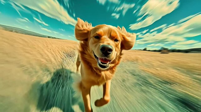 Golden Retriever's Joyful Sprint Across the Field, Pure Happiness
