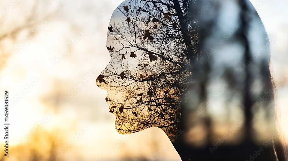 Poster silhouette of a woman's face superimposed with a tree at sunset, creating a double exposure effect, 
