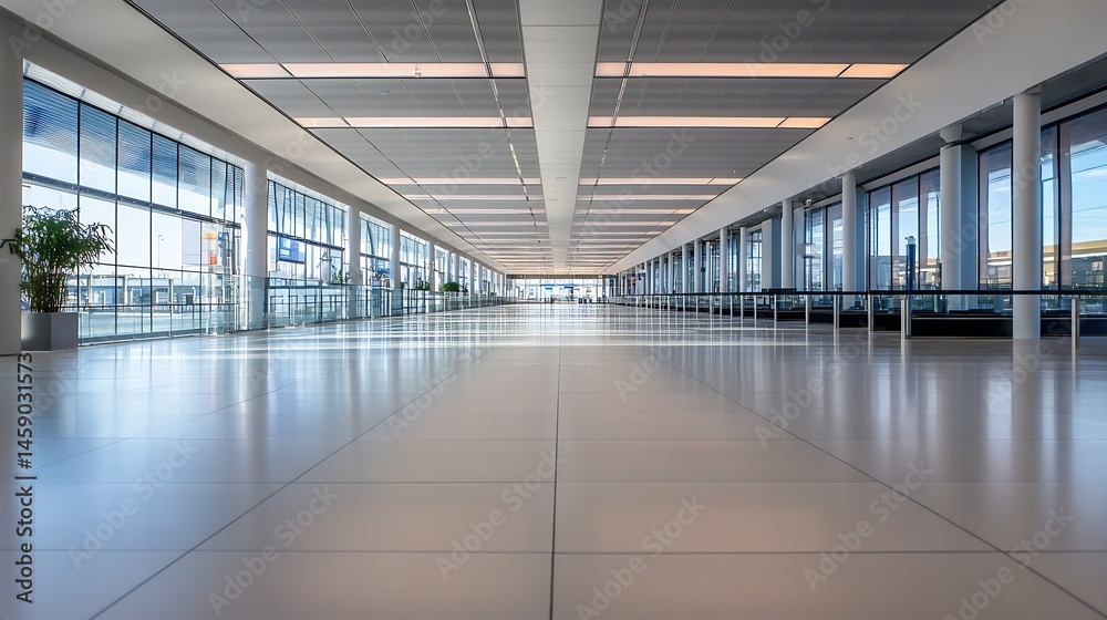 Poster modern airport terminal hallway with large windows and bright lighting, showcasing a clean, spacious